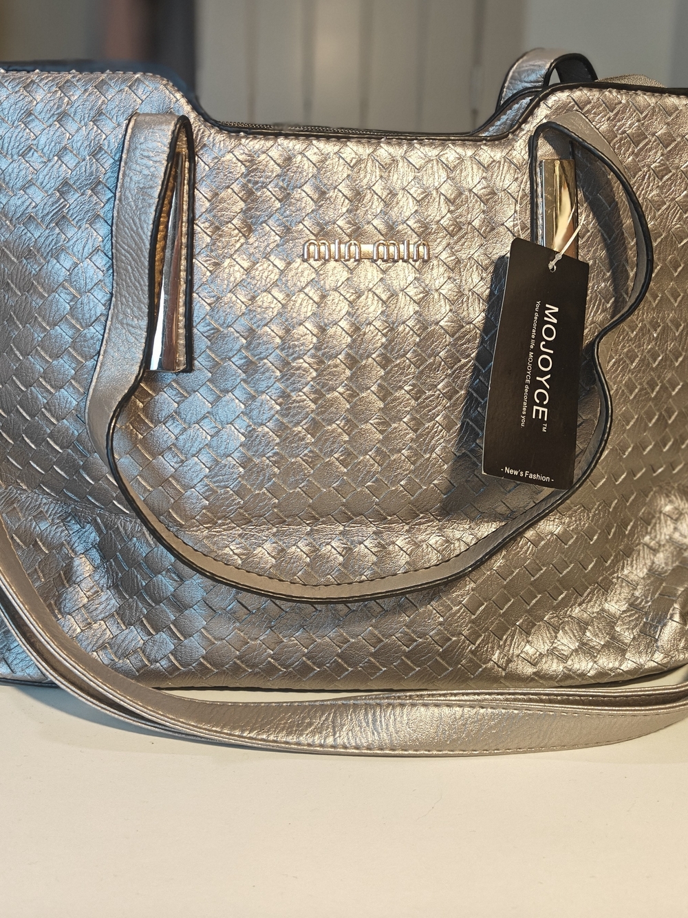 Metallic Silver Woven Tote Bag